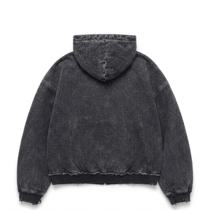 Blouson à capuche zippé en jean noir délavé pour homme, style streetwear oversize, sweat-shirt molletonné effet usé, vêtements personnalisés en gros - Product Image 2
