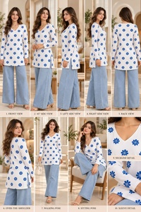 <b>V</b>-<b>Neck</b> Floral Print <b>Long</b> <b>Sleeve</b> <b>Top</b> White Blue Embroidered Cotton Casual Loose Fit Asymmetrical Hem Women's Daily Wear - Product Image 5