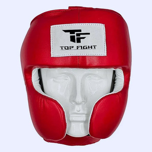 อุปกรณ์ป้องกันศีรษะสำหรับชกมวยแบบเปิดหน้า ยี่ห้อ Top Fight สีแดง ทำจากวัสดุ PU ป้องกันคางเต็มรูปแบบ พร้อมสายรัดแบบ Hook and Loop สำหรับผู้ใหญ่ เหมาะสำหรับศิลปะการต่อสู้ - Product Image 1
