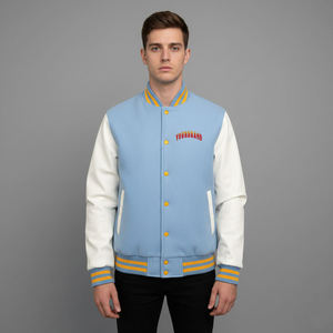 Blouson universitaire homme tendance bicolore imperméable à boutons, style streetwear, corps en laine, manches en cuir, veste de baseball d'hiver - Product Image 4