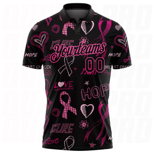 เสื้อโปโลผู้ชาย แขนสั้น ผ้าเจอร์ซีย์ พิมพ์ลาย แห้งเร็ว สีดำชมพู พร้อมริบบิ้นสีชมพู สำหรับรณรงค์เรื่องการรักษาระยะการพัฒนาของมะเร็งเต้านม เหมาะสำหรับเล่นกอล์ฟ - Product Image 2