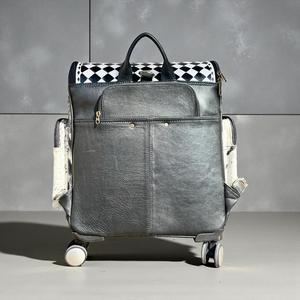 Western Rolling <b>Backpack</b> Cowhide Checkered Fur Zipper Closure Large Capacity Unisex Travel Bag with <b>Wheels</b> - Product Image 5