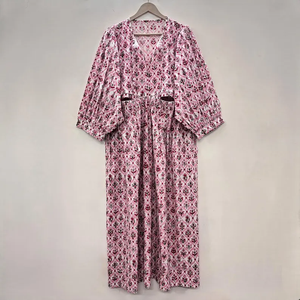 Robe midi décontractée en coton pour femme, manches ballon, taille empire, style babydoll, robe d'été, 100% coton, tunique ample à col en V, motif floral - Product Image 1