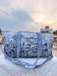 Blue Floral Pattern Textile Duffel <b>Bag</b> Large Capacity Zipper Closure Travel Weekender <b>Bag</b> - Product Image 2