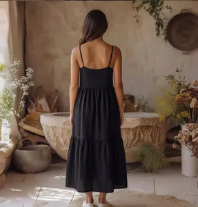 Vestido midi negro con tirantes finos para mujer, sin mangas, corte holgado, informal, para uso diario, traje elegante - Product Image 4