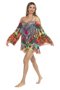 Minivestido de hombro frío más moderno para mujer, ropa de playa tejida con cuentas y botones de lentejuelas de encaje, respetuoso con el medio ambiente - Product Image 4