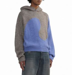 Crop Hoodie <b>Zip</b>-Up Blue And Gray Casual Knitted Sweatshirt Autumn Wear 100% Cotton - Product Image 4