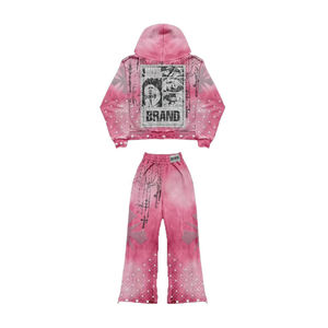 Sudadera con capucha personalizada con estampado acid wash, estilo vintage streetwear, de peso medio, con cordón, y conjunto de pantalones de chándal acampanados bordados para hombre, estilo High Street - Product Image 2