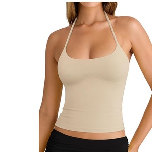 Women's Beige <b>Tank</b> Sleeveless Knitted Breathable Sport Crop Spring Summer Solid Color Loose Fit Front Logo 100% Cotton - Product Image 1