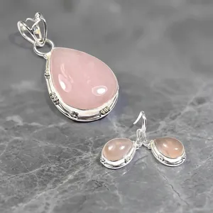 Rose Quartz 925 Sterling Silver Pendant Earrings Jewelry Set Handmade Pink Gemstone Design For Women Wholesale Fashion - Product Image 2