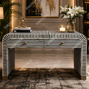 Table console moderne en résine rayée noir et blanc avec tiroirs pour entrée et salon - Product Image 2