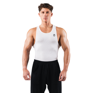 Camiseta sin mangas acanalada para hombre, ajuste muscular, chaleco de entrenamiento para gimnasio, capa base elástica para entrenamiento atlético, ropa deportiva blanca - Product Image 1