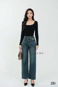 Venta al por mayor de pantalones vaqueros lavados holgados personalizados de las mujeres transpirable Retro Loose Fit de pierna ancha-para la primavera Simple sólido de alta calidad - Product Image 4
