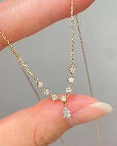 14K <b>Solid</b> <b>Gold</b> Pear Cut Diamond <b>Pendant</b> Necklace Minimalist Geometric Design Rhodium Plated Link Chain Luxury Wedding Jewelry - Product Image 1