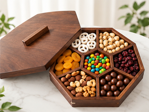 Plateau de rangement portable hexagonal moderne en bois naturel avec couvercle, 7 compartiments, organisateur multifonctionnel pour fruits secs, noix, bonbons, salon - Product Image 1