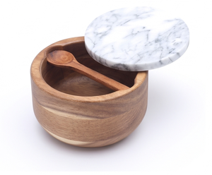 Premium Wooden Salt And Sugar Bowl With Marble Lid And Spoon Handmade <b>Herb</b> Spice Tool Durable Natural Finish Tabletop Accent - Product Image 1