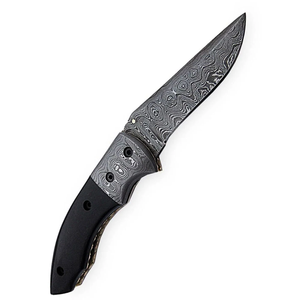 Cuchillo Plegable de Acero de Damasco Hecho a Mano, Hoja de Punta Caída, Mango Negro con Funda de Cuero, Cuchillo de Supervivencia para Exteriores - Product Image 4