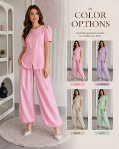 Conjunto de Dos Piezas de Alta Calidad para Vacaciones - Blusa Elegante Rosa con Pantalones Casuales Modernos Estilo Globo - Product Image 4