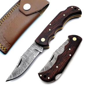 Couteau pliant en acier Damas forgé à la main, manche en bois de rose, étui en cuir, couteau de poche EDC pour la chasse et le camping - Product Image 1