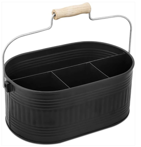 Black Durable Multi-Functional Utensil Iron Oval <b>Caddy</b> 4-Compartment with wooden handle Organizer for <b>Kitchen</b> Party & Office - Product Image 1