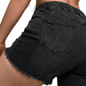 Shorts de mezclilla negros casuales para mujer, corte ajustado elástico a la cintura, con cordón, rasgados, desgastados, con dobladillo sin rematar, estilo streetwear, vaqueros de moda - Product Image 4