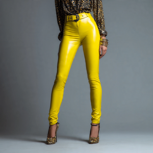 Leggings de Cintura Alta de Piel Sintética PU Transpirables y Antibacterianos para Mujer, Color Amarillo Brillante, Ropa Exterior, 180g - Product Image 3