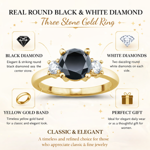 Anillo de Diamantes Negros y Blancos Redondos Reales |   Anillo de Oro con Tres Piedras, Elegante para Uso Diario, Joyería Fina, Regalo para Mujer, Estilo Clásico - Product Image 6