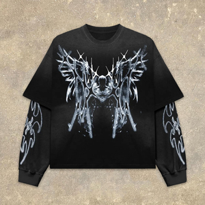 เสื้อยืดแขนยาวสองชั้นพิมพ์ลายสไตล์สตรีทแวร์ลำลองแบบดิสเทรส ไซส์พลัส สำหรับผู้ชาย รุ่น Y2K - Product Image 1