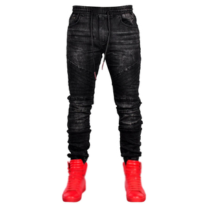 Pantalones de mezclilla ajustados para hombre, cintura elástica con cordón rojo, estilo casual urbano, lavado a la piedra, de algodón azul, para otoño - Product Image 6