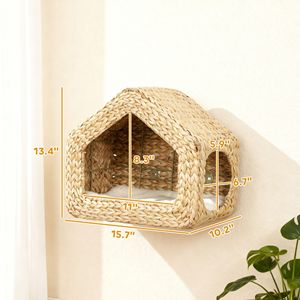 Casetta per Gatti da Parete Stile Classico, Mobile in Legno per Animali Domestici, Mensola a Muro per Gatti con Cuscino Lavabile per Uso Interno - Product Image 3