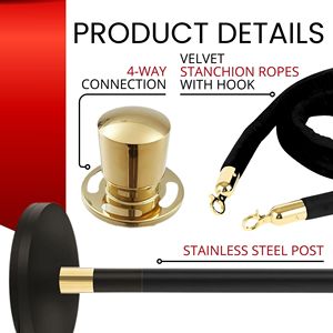 Set di 6 Pali in Acciaio Inox Nero con Tappeto Rosso da 1,5m e Corda in Velluto, Pali Neri per Teatri e Feste, Supporti per Striscioni - Product Image 5