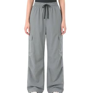 Pantalon cargo gris pour femme, taille haute, cordon de serrage, coupe ample, avec poches latérales, revers élastiques, décontracté, pour tous les jours - Product Image 1