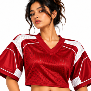 Maillot de football court en mesh bordeaux et blanc pour femme, col en V, passepoil contrastant, manches courtes, vêtements de sport personnalisés, vente en gros OEM - Product Image 3