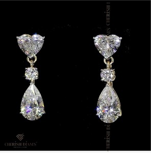 Stylish Tri Drop Solitaire Lab <b>Diamond</b> <b>Earrings</b> in 14K Yellow Gold Multi Shape 4.09-6.07ct IGI Certified for Women - Product Image 1