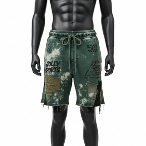 <b>Men</b> Acid Wash Cotton Fleece <b>Shorts</b> 320GSM Heavyweight Green Patch Panel Streetwear With Custom Print Logo Acid wash <b>men's</b> <b>shorts</b> - Product Image 1