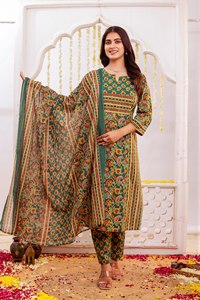 Ensemble Kurta en coton Mal à imprimé floral traditionnel – Broderie artisanale avec pantalon et dupatta assortis - Product Image 2