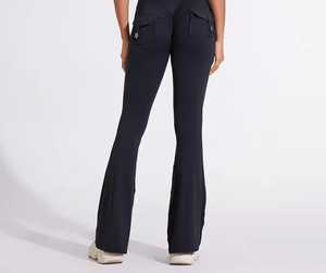 High Waist <b>Flared</b> <b>Leggings</b> Full Length Solid Blue Knitted Stretch Fabric With Pockets All Seasons Women's Style - Product Image 3