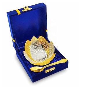 ชุดชามช้อนทองเหลืองชุบทองและเงินพร้อมกล่องสีน้ำเงินถ้วยเสิร์ฟขนมผลไม้แห้งสำหรับของขวัญแต่งงานคริสต์มาสงานขึ้นบ้านใหม่ - Product Image 6