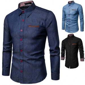 Men's Slim Fit Denim Shirt Long Sleeve Solid Color Turn-<b>down</b> Collar Casual Breathable Full Button <b>Down</b> Design - Product Image 1