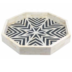 Plateau de service marocain en os incrusté gris crème de haute qualité, fait main, motif marocain, plateau décoratif moderne pour le thé et le café - Product Image 2