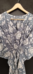 Handcrafted Cotton <b>Kaftan</b> Dress with Jaipuri Floral Block Print Elegant Grey and White <b>Summer</b> Loungewear V-Neck Maxi Dress - Product Image 2