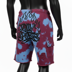 Pantalones Cortos de Algodón de Alta Calidad para Hombre, Lavado Ácido, Tacto Suave, Azul Granate, Dobladillo Desgastado, Logotipo Bordado - Product Image 5