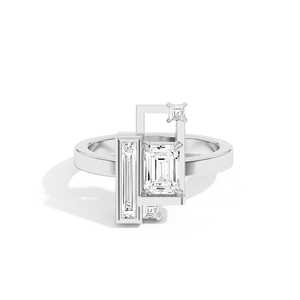 Bague de fiançailles géométrique en or massif 14k 18k avec diamant de laboratoire émeraude 0,8 ct et accents baguette, sertie clos, bijoux de mariage - Product Image 4