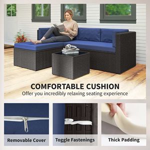 Set di Mobili da Giardino in 3 Pezzi con Telaio in Alluminio, Set Conversazione da Esterno in Vimini con Cuscini e Tavolo con Piano in Vetro, Blu Navy - Product Image 5