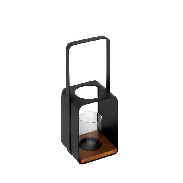 Modern Matte Black Metal Lantern Candle Holder with Glass Hurricane and Wood Base Minimalist Decorative Outdoor Garden Lantern