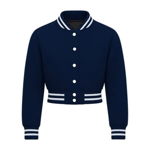 Custom Women's Cropped Wool Quilted Varsity <b>Jacket</b> Chenille Embroidery Knitted Construction Button-Up Collar Cotton Filling - Product Image 1