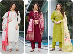 Conjunto de Kurta de Viscosa y Seda para Mujer con Bordado a Mano y Dupatta de Seda Muselina con Estampado Digital, Ropa al por Mayor - Product Image 2