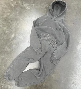 ชุดวอร์มผ้าฝ้ายสีเทาแบบ unisex เสื้อฮู้ดและกางเกงจ็อกเกอร์ทรงหลวม สีพื้น สวมใส่สบายๆ สำหรับฤดูใบไม้ร่วง มีกระเป๋าข้าง - Product Image 1