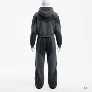 Conjunto Deportivo Personalizado para Mujer, Sudadera con Paneles en Contraste Gris Oscuro y Pedrería, Pantalones Jogger Anchos, Felpa de Algodón, Venta al Por Mayor OEM - Product Image 4