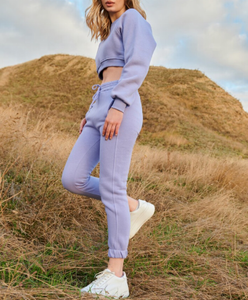 Women Solid Color Cotton Tracksuit Set Crew Neck <b>Crop</b> <b>Top</b> Jogger Pants With Drawstring Side Pockets Casual Spring Wear - Product Image 4